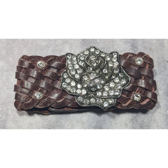 Cowgirl Glam Floral Braided Leather Rhinestone Bracelet - Picture 8 of 14